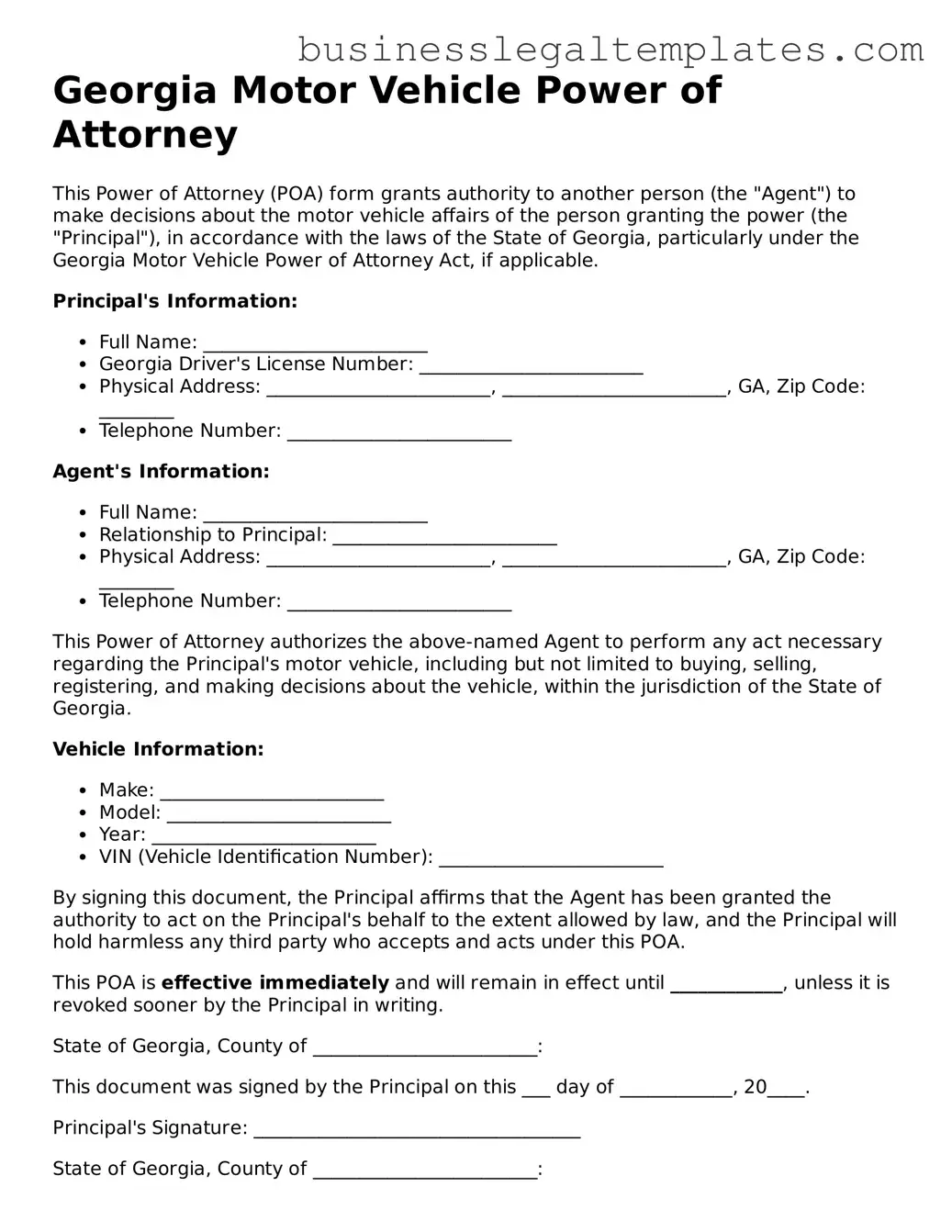 Blank Georgia Motor Vehicle Power of Attorney Document