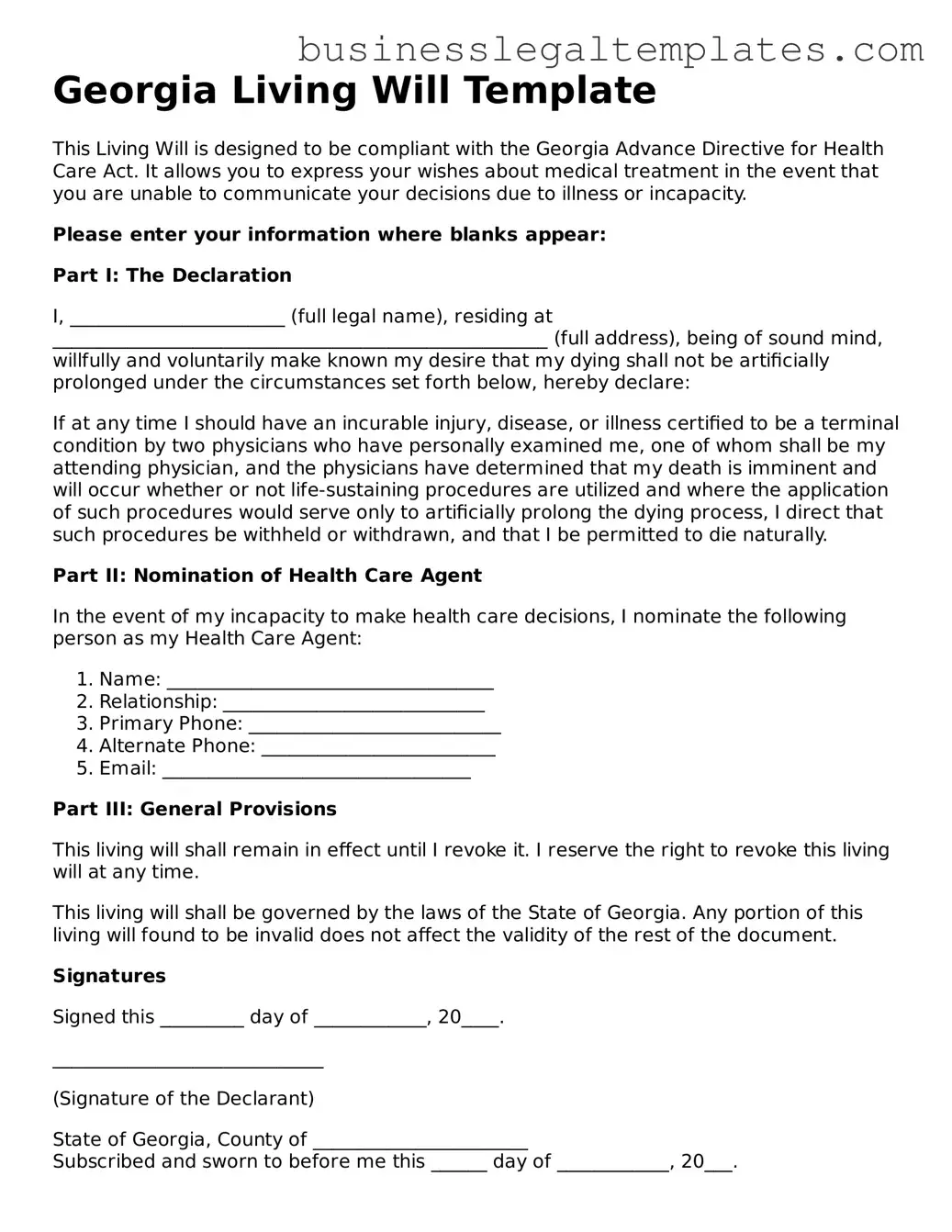 Blank Georgia Living Will Document