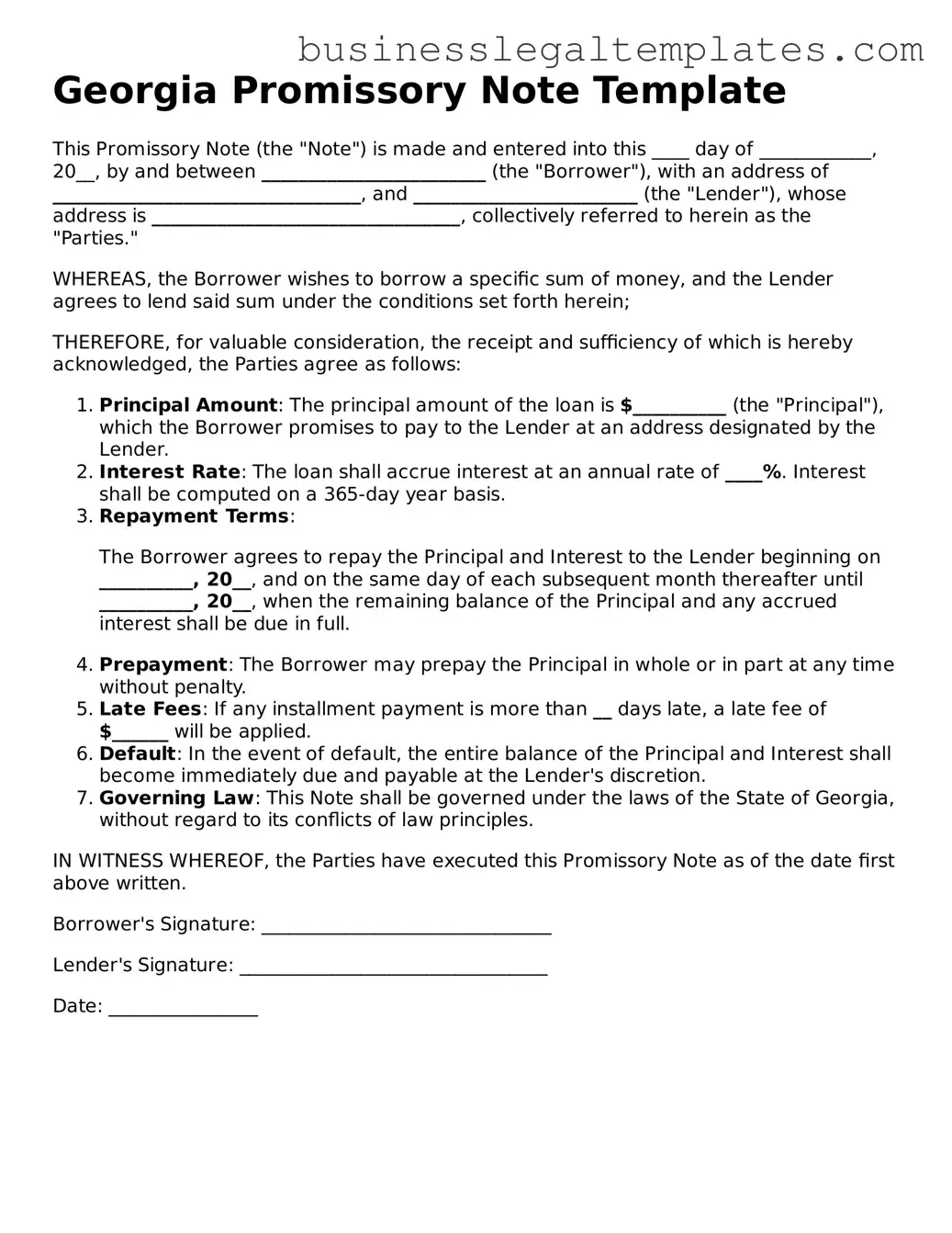 Blank Georgia Promissory Note Document