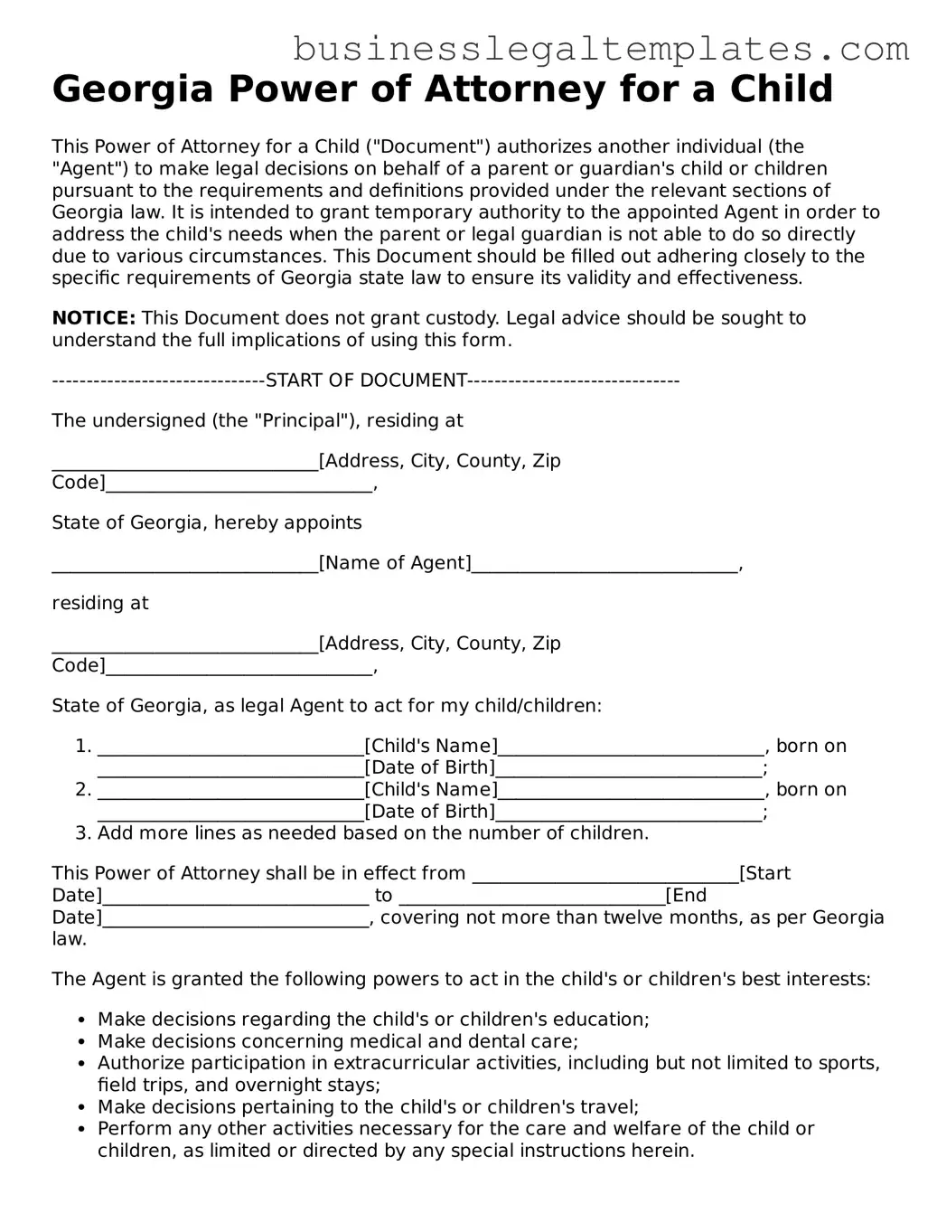 Blank Georgia Power of Attorney for a Child Document