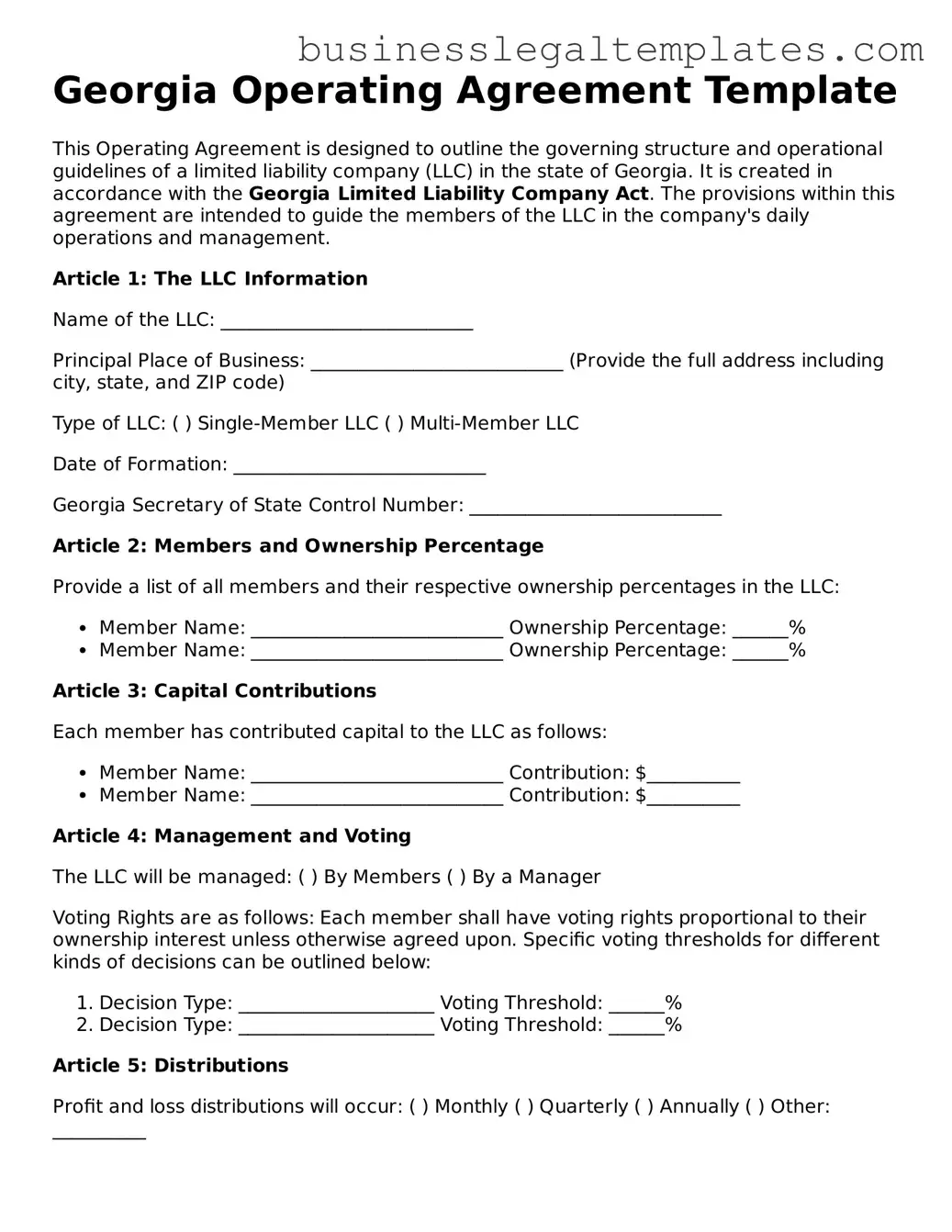 Blank Georgia Operating Agreement Document
