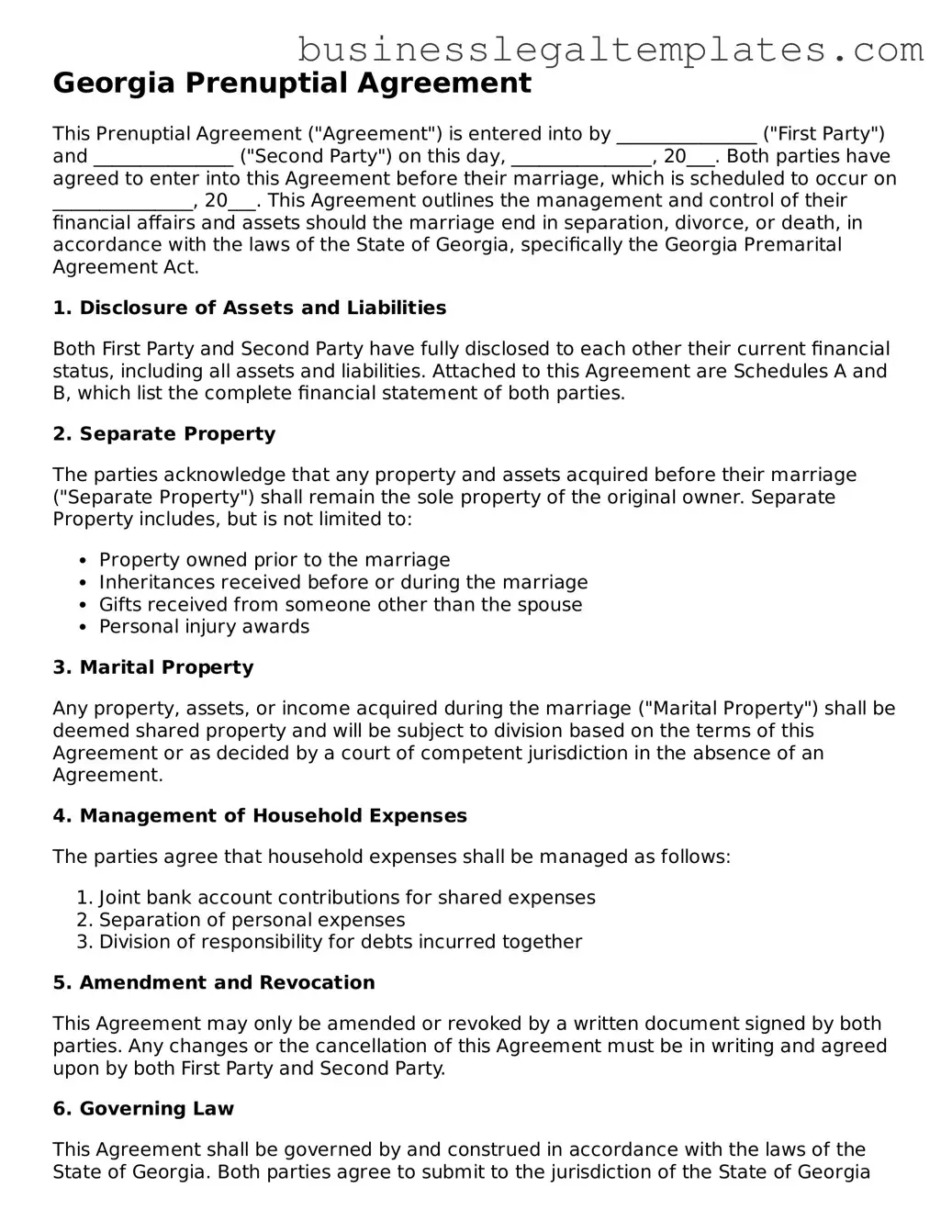 Blank Georgia Prenuptial Agreement Document