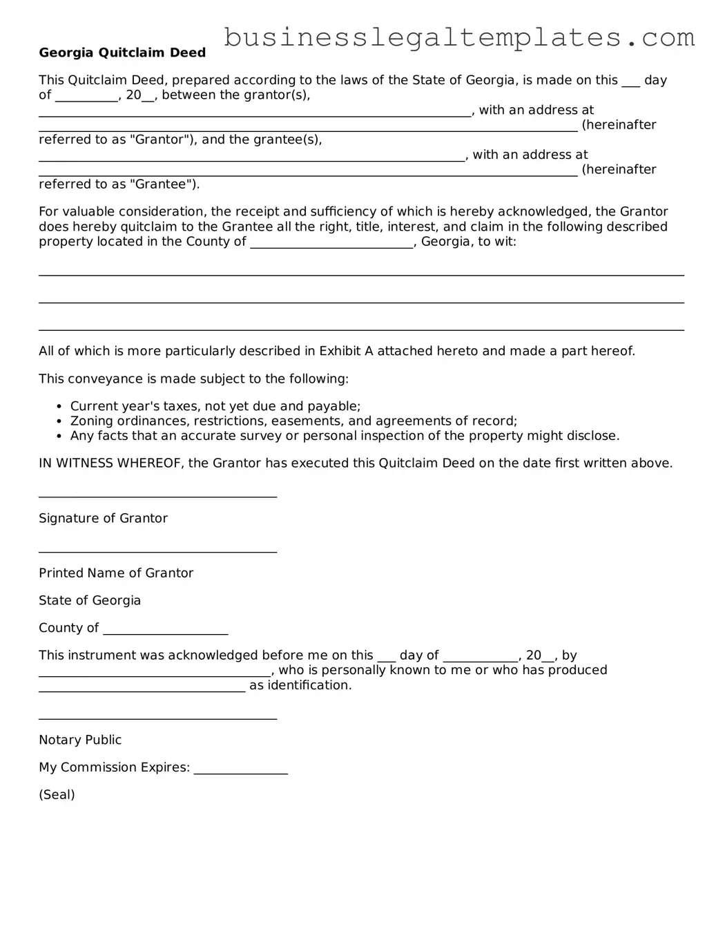 Blank Georgia Quitclaim Deed Document
