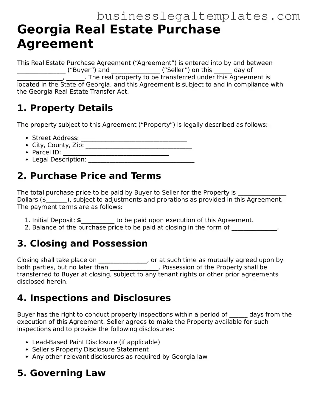 Blank Georgia Real Estate Purchase Agreement Document