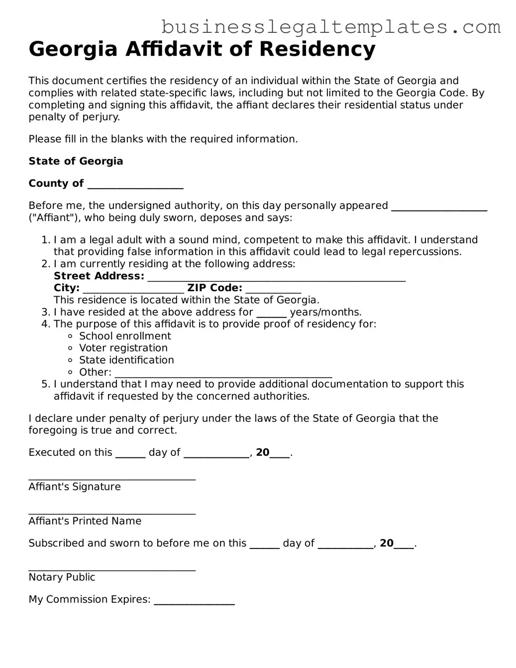 Blank Georgia Affidavit of Residency Document