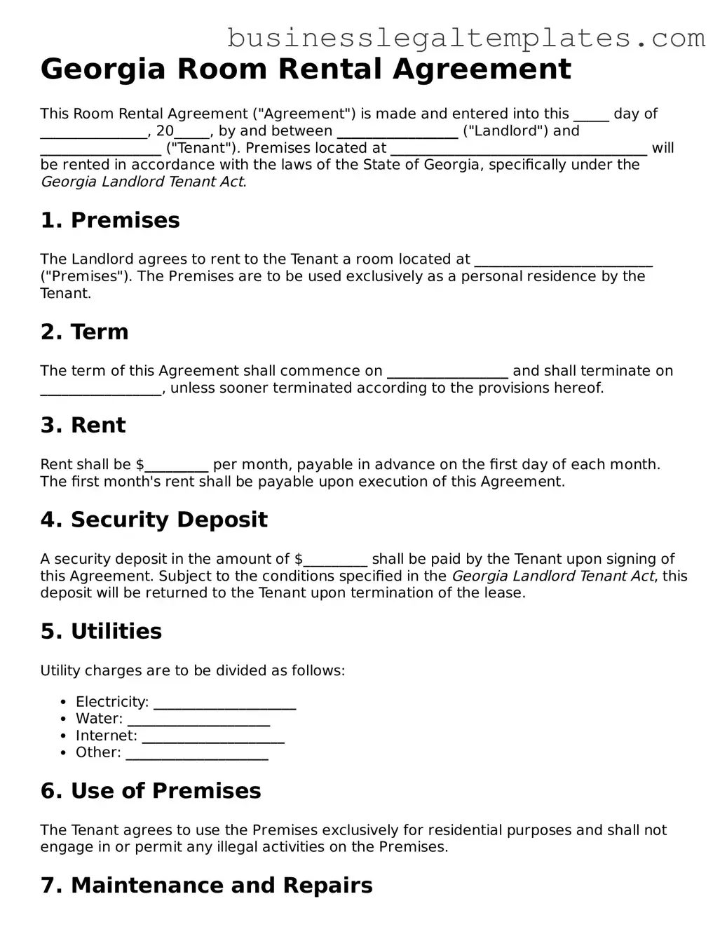 Blank Georgia Room Rental Agreement Document