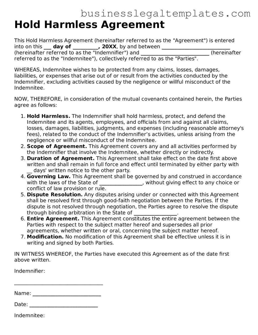 Fillable Hold Harmless Agreement Form