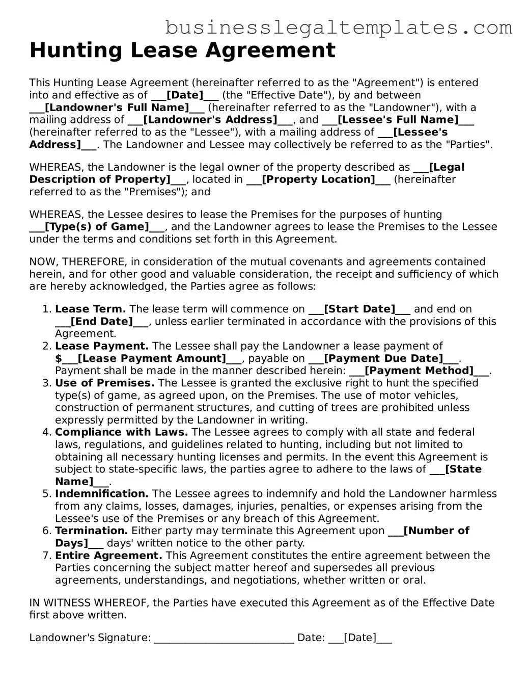 Fillable Hunting Lease Agreement Form