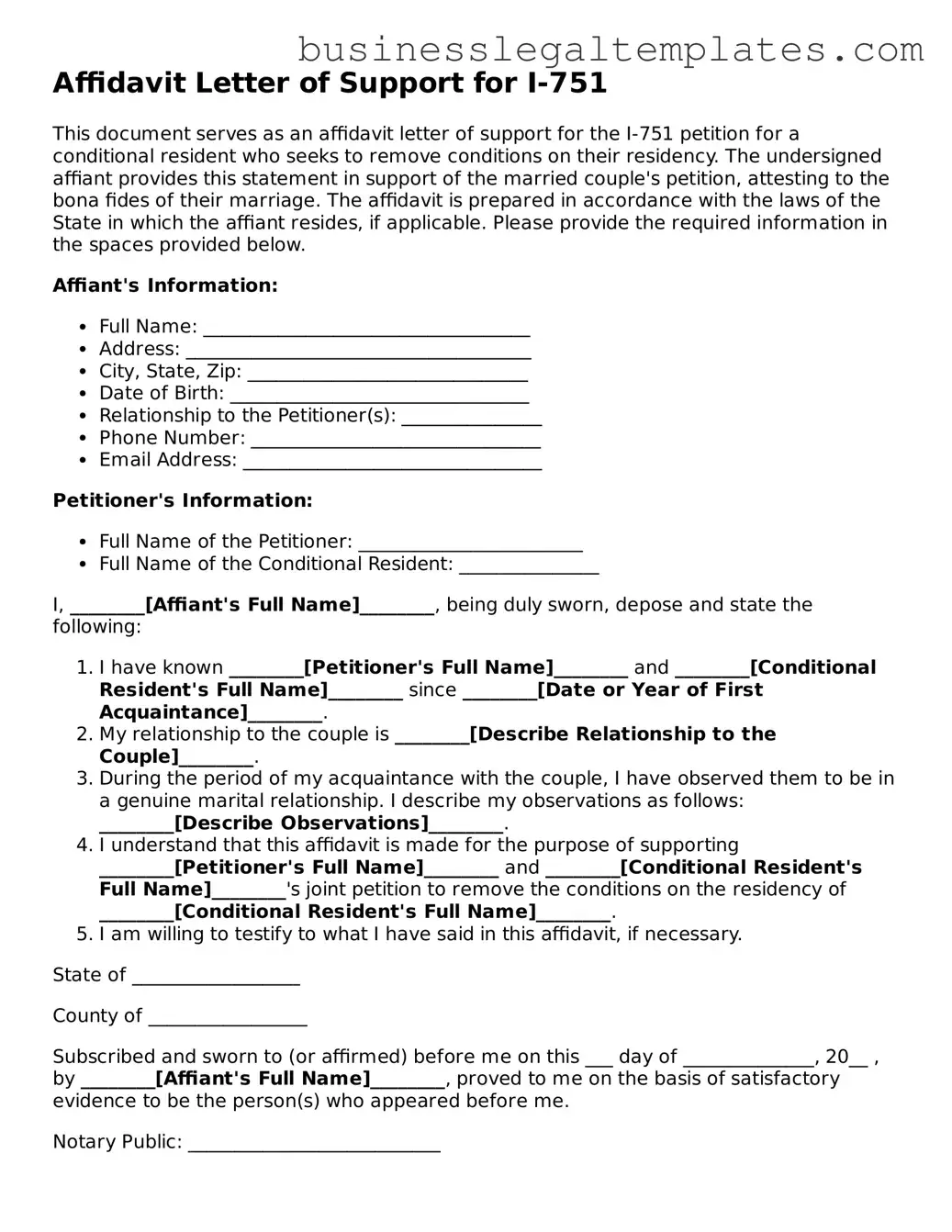 Fillable Affidavit Letter of Support for I-751 Form
