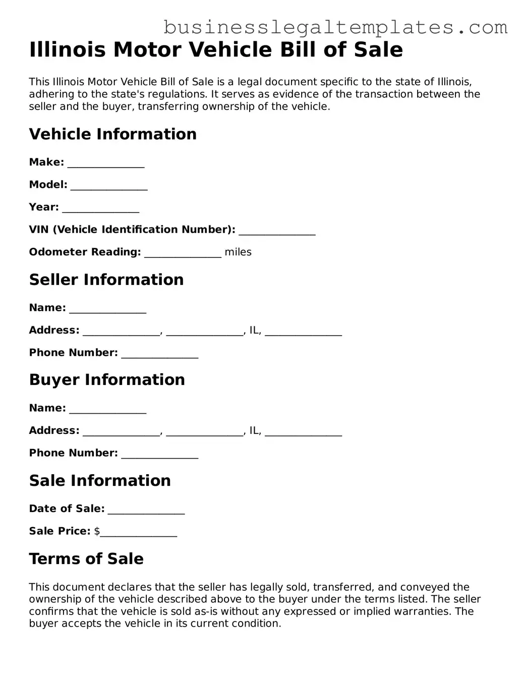Blank Illinois Motor Vehicle Bill of Sale Document