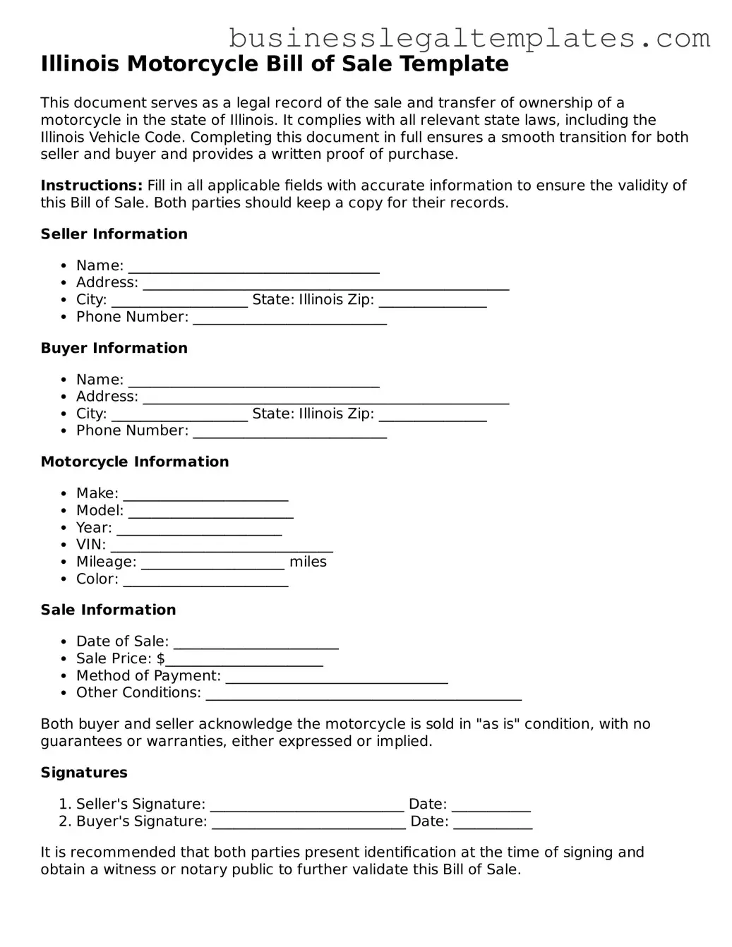 Blank Illinois Motorcycle Bill of Sale Document