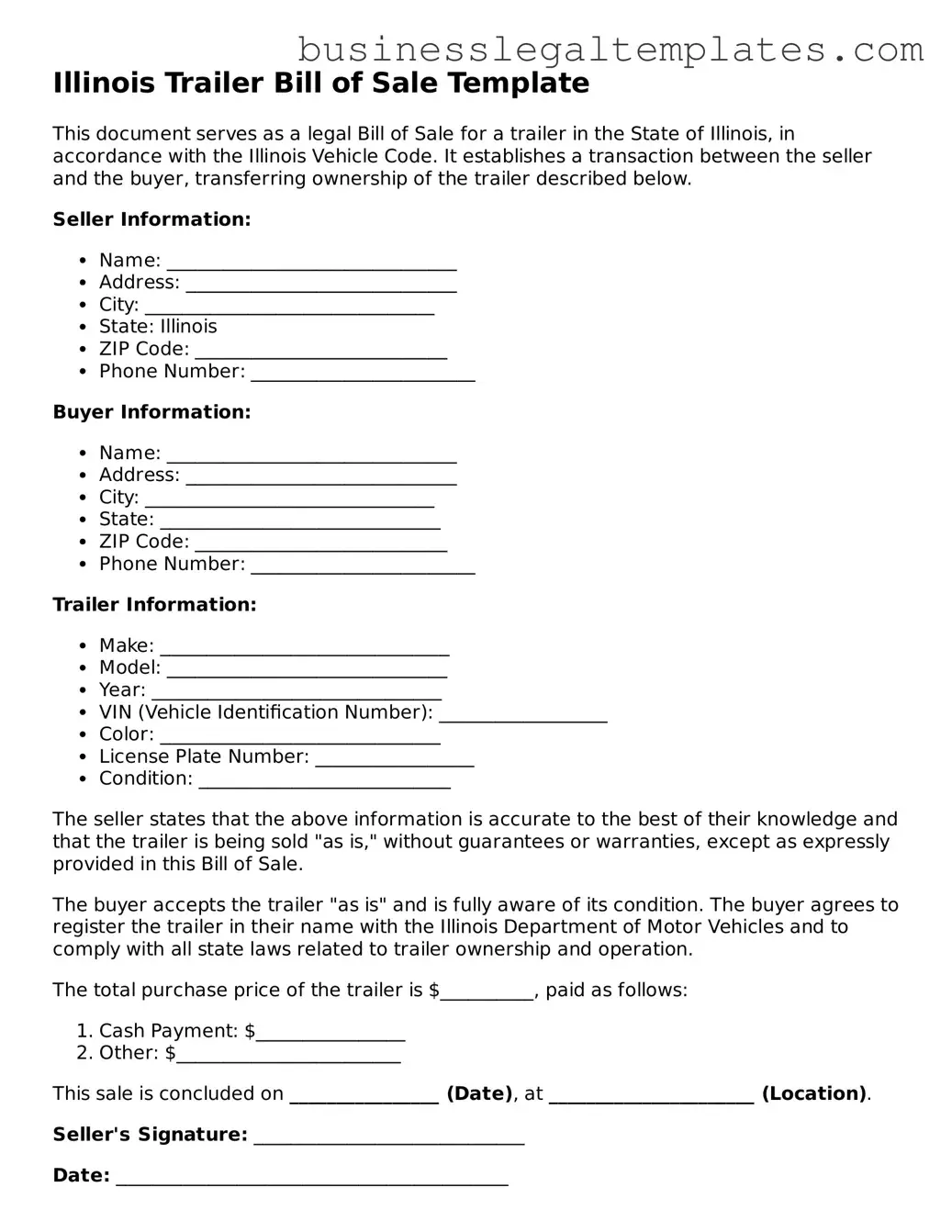 Blank Illinois Trailer Bill of Sale Document