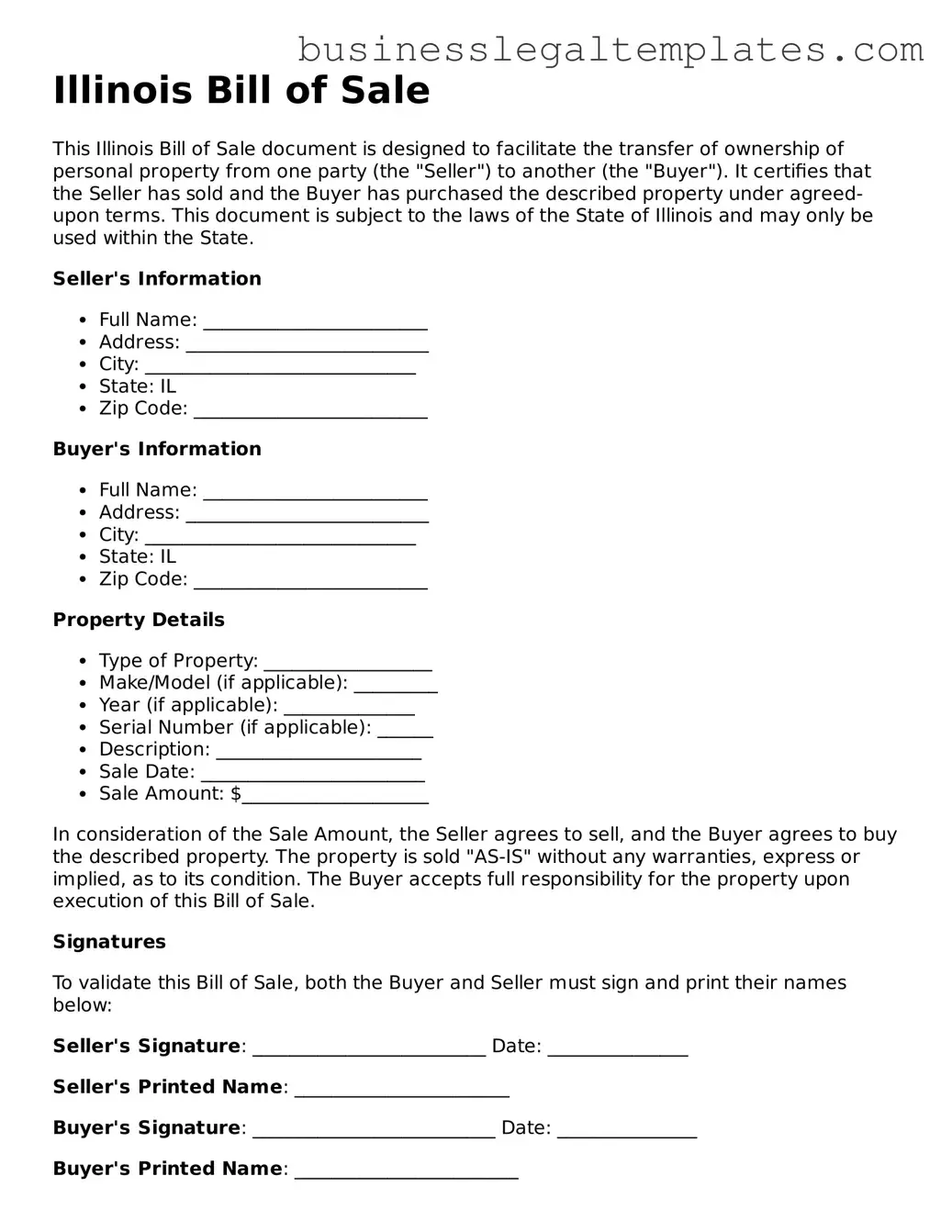 Blank Illinois Bill of Sale Document