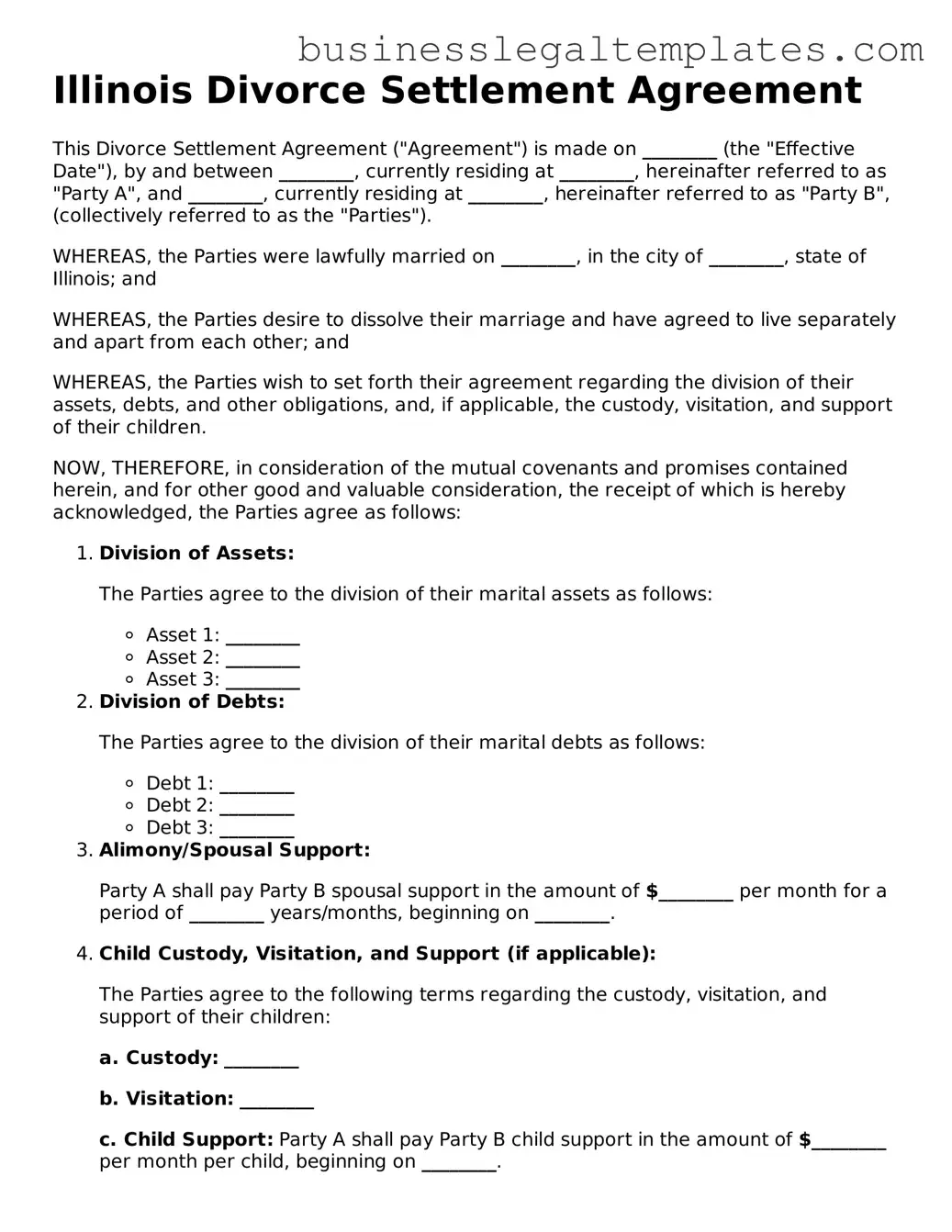 Blank Illinois Divorce Settlement Agreement Document