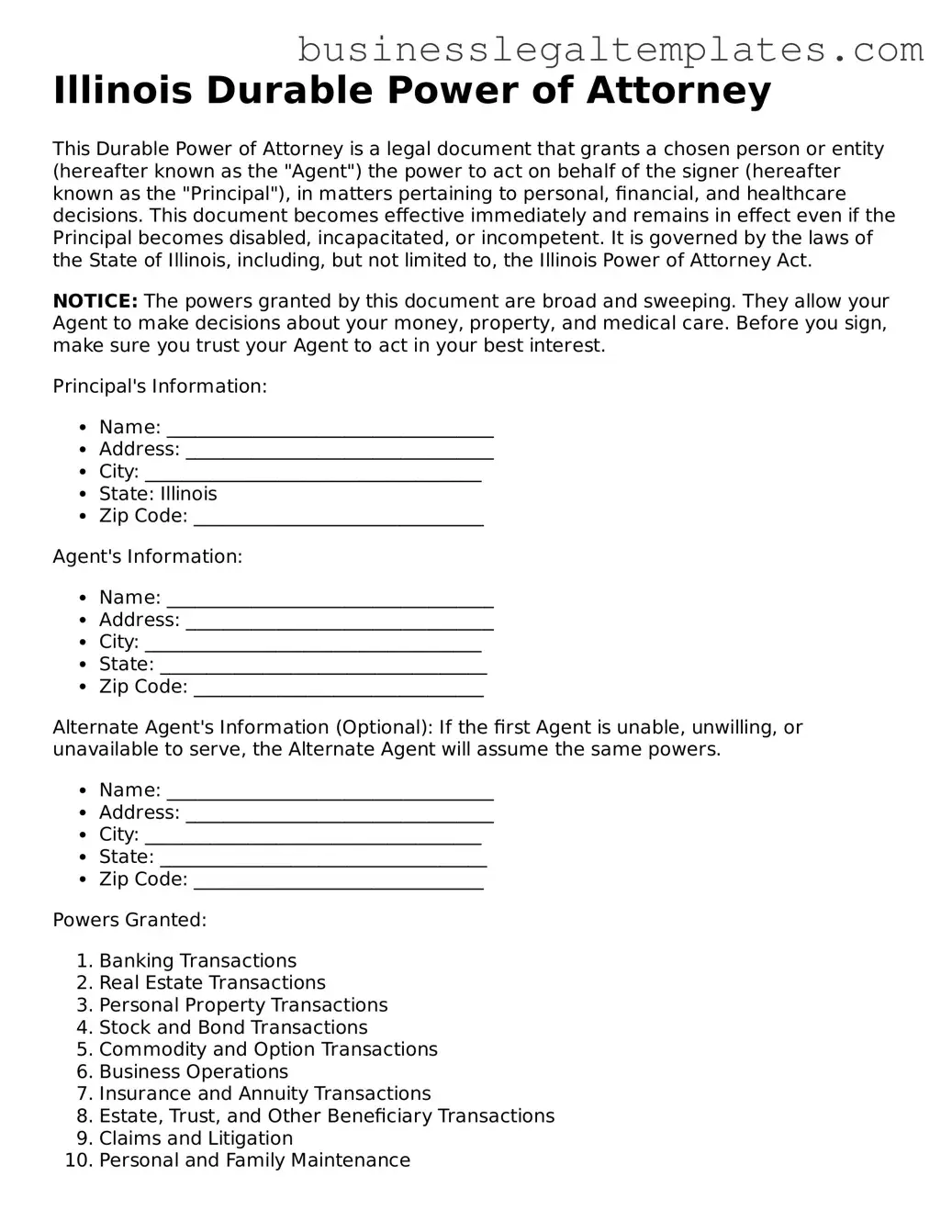 Blank Illinois Durable Power of Attorney Document