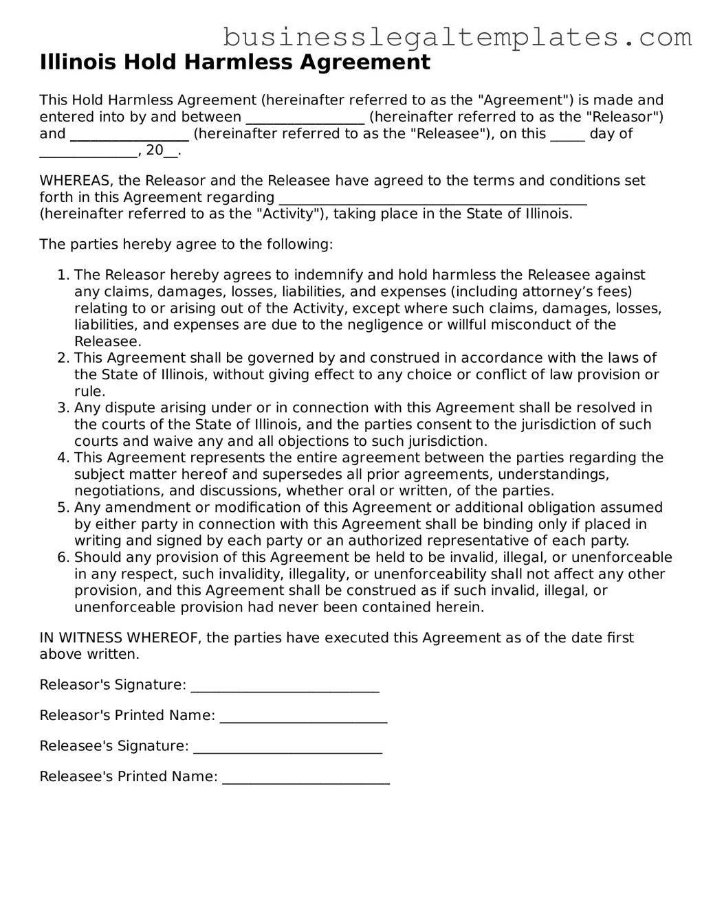 Blank Illinois Hold Harmless Agreement Document