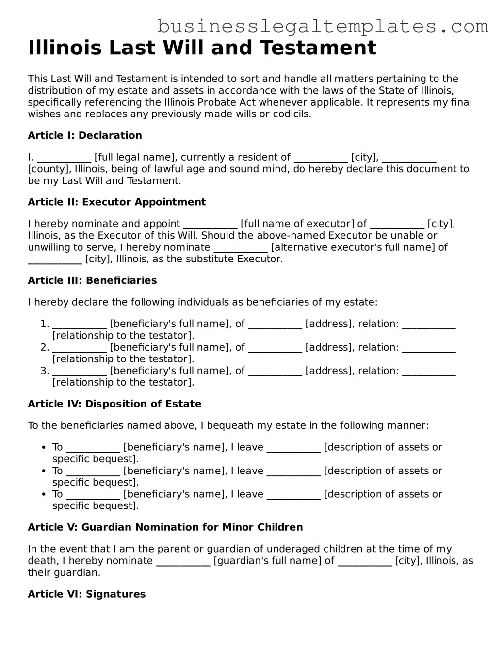 Blank Illinois Last Will and Testament Document