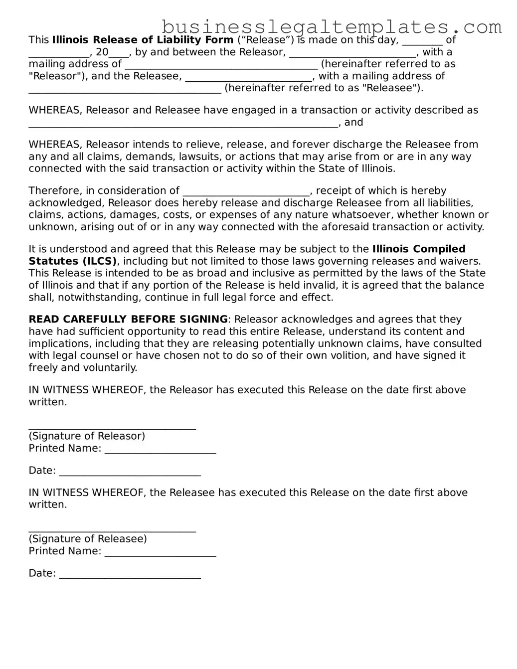 Blank Illinois Release of Liability Document