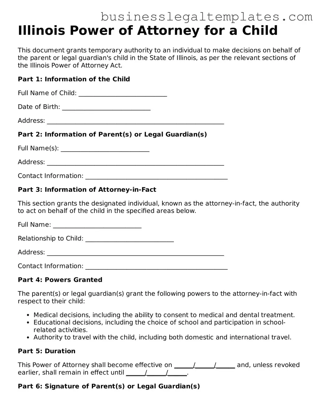 Blank Illinois Power of Attorney for a Child Document