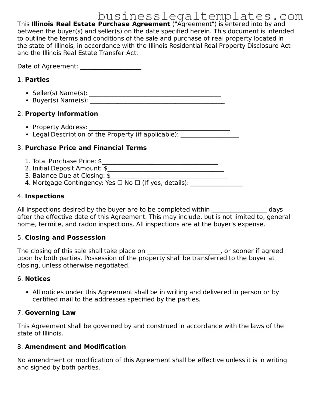 Blank Illinois Real Estate Purchase Agreement Document