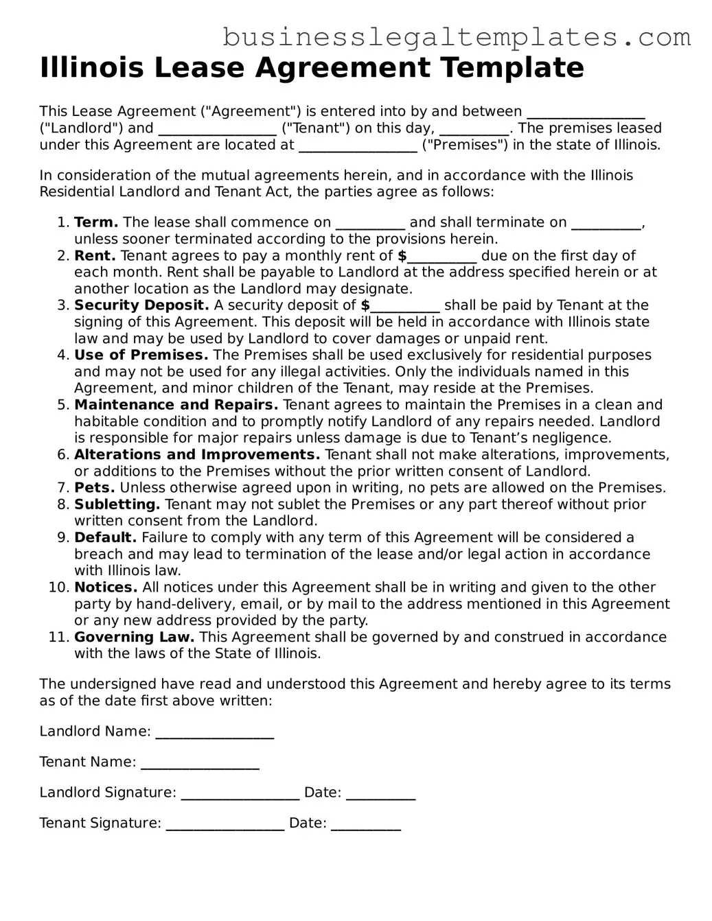 Blank Illinois Lease Agreement Document