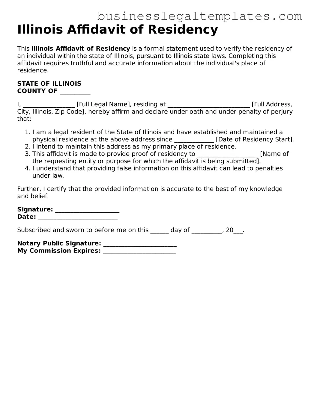 Blank Illinois Affidavit of Residency Document