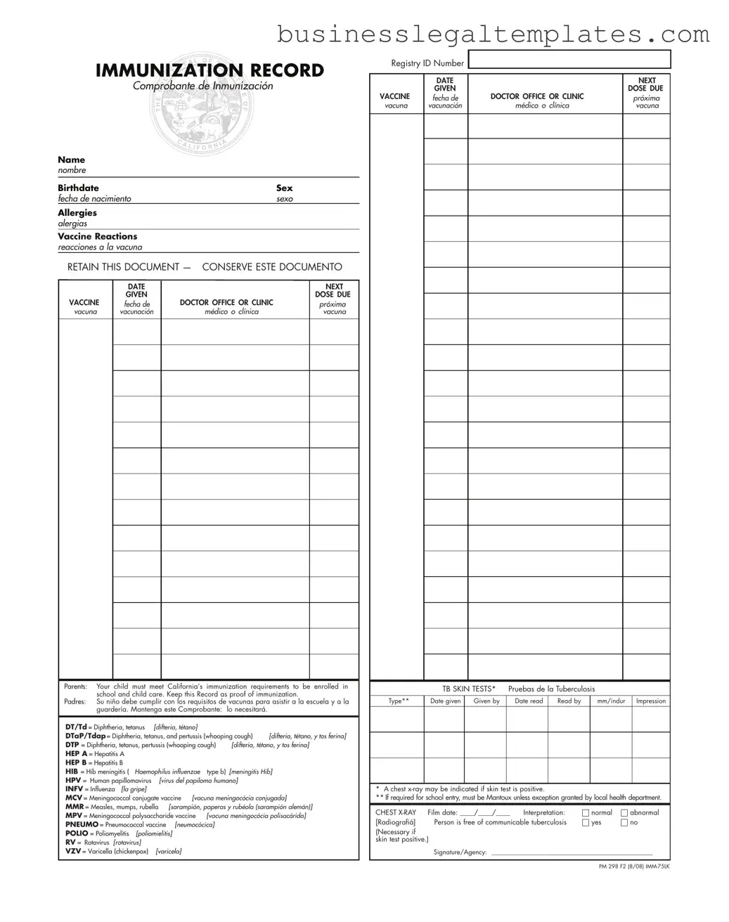 Printable Immunization Record Form