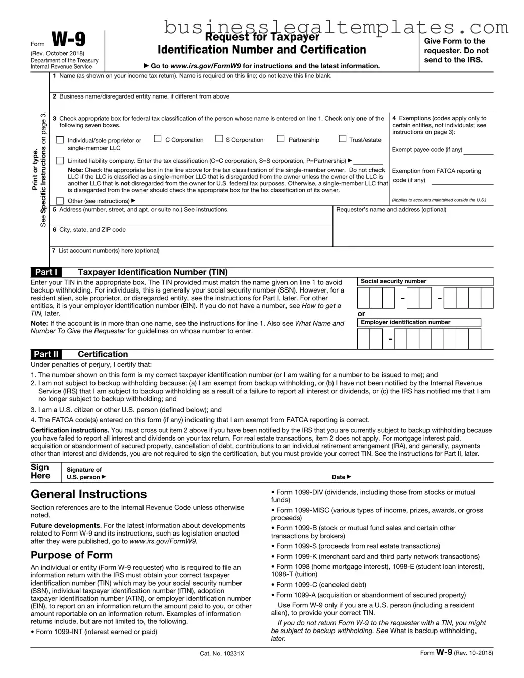Printable IRS W-9 Form