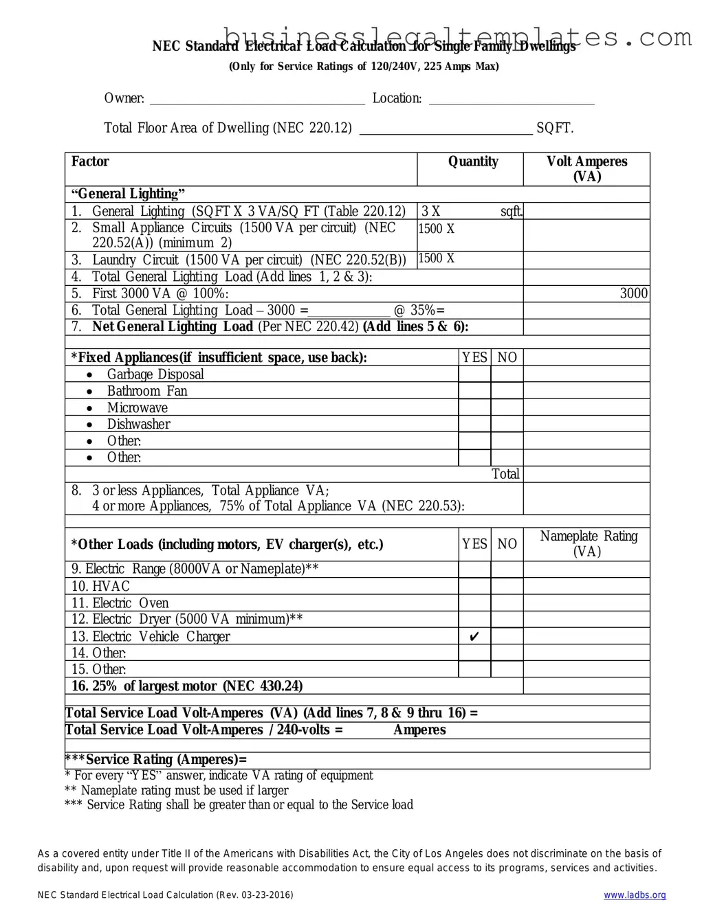 Printable LADBS NEC Standard Electrical Load Calculation Form