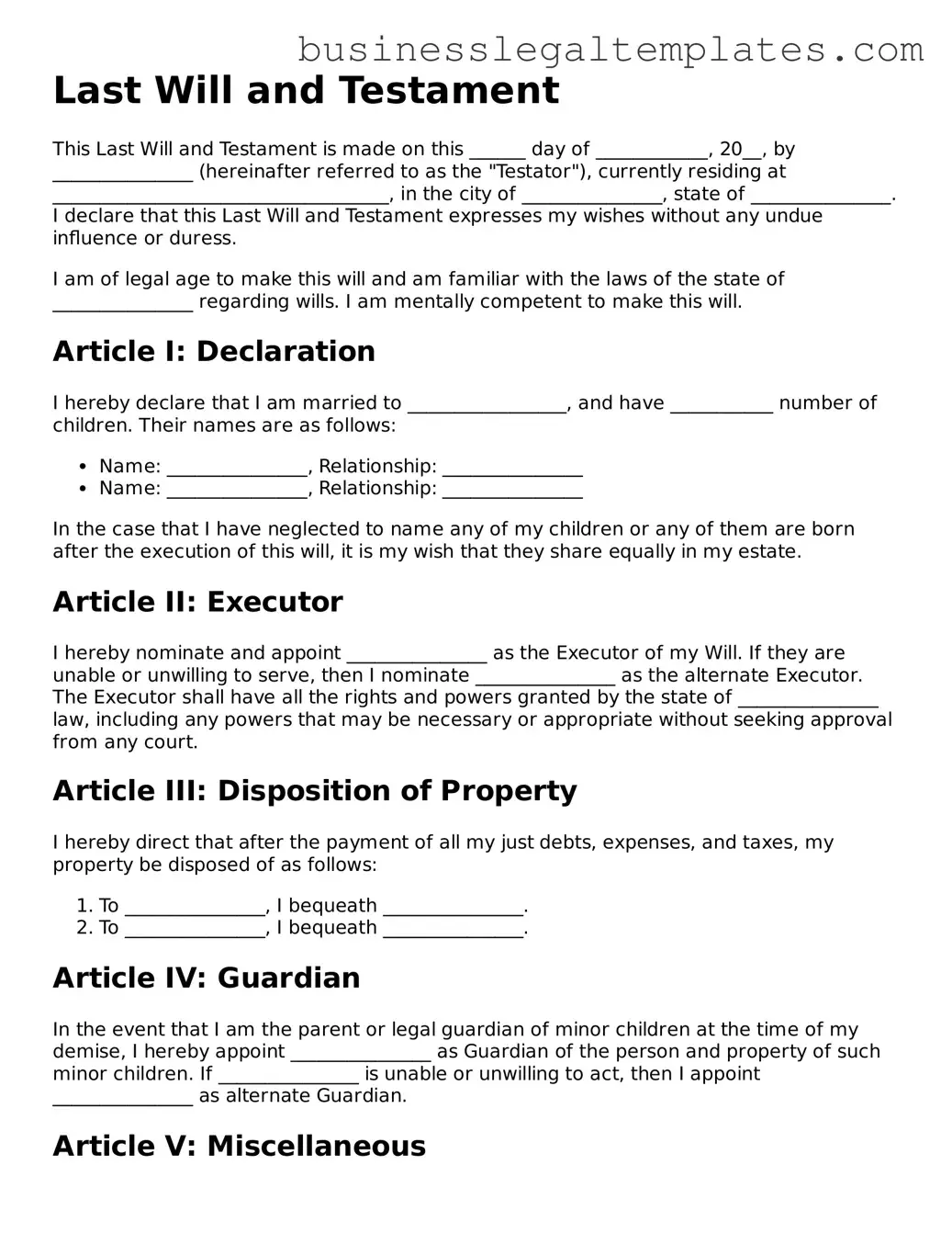 Fillable Last Will and Testament Form