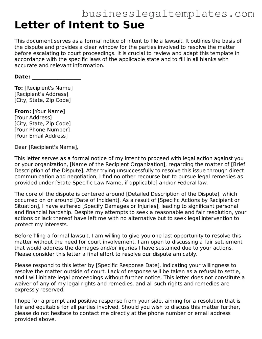 Fillable Letter of Intent to Sue Form
