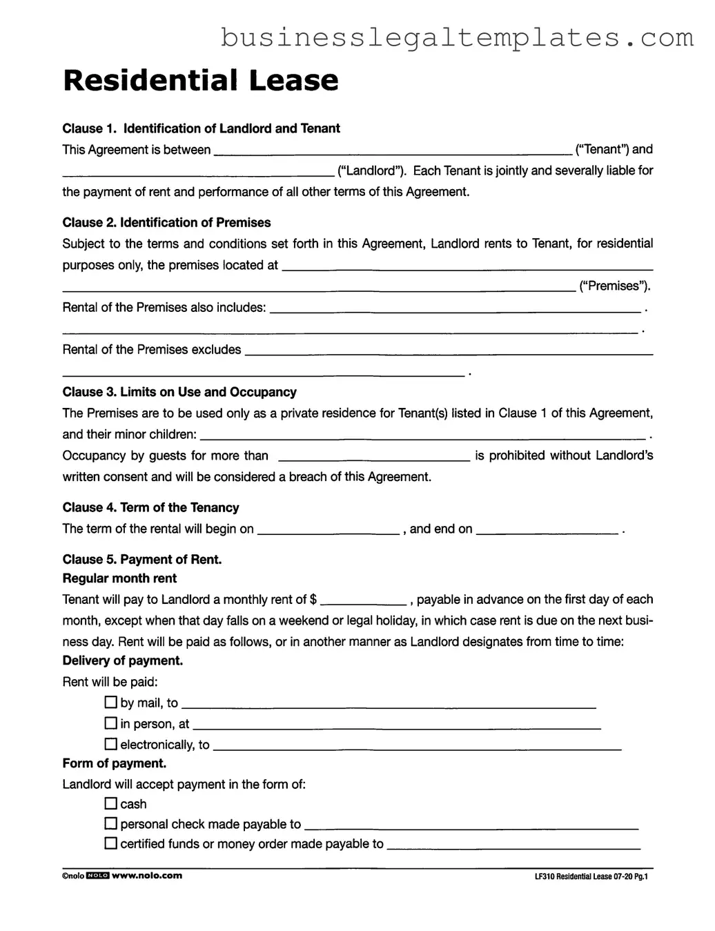 Printable Lf310 Residential Lease Form