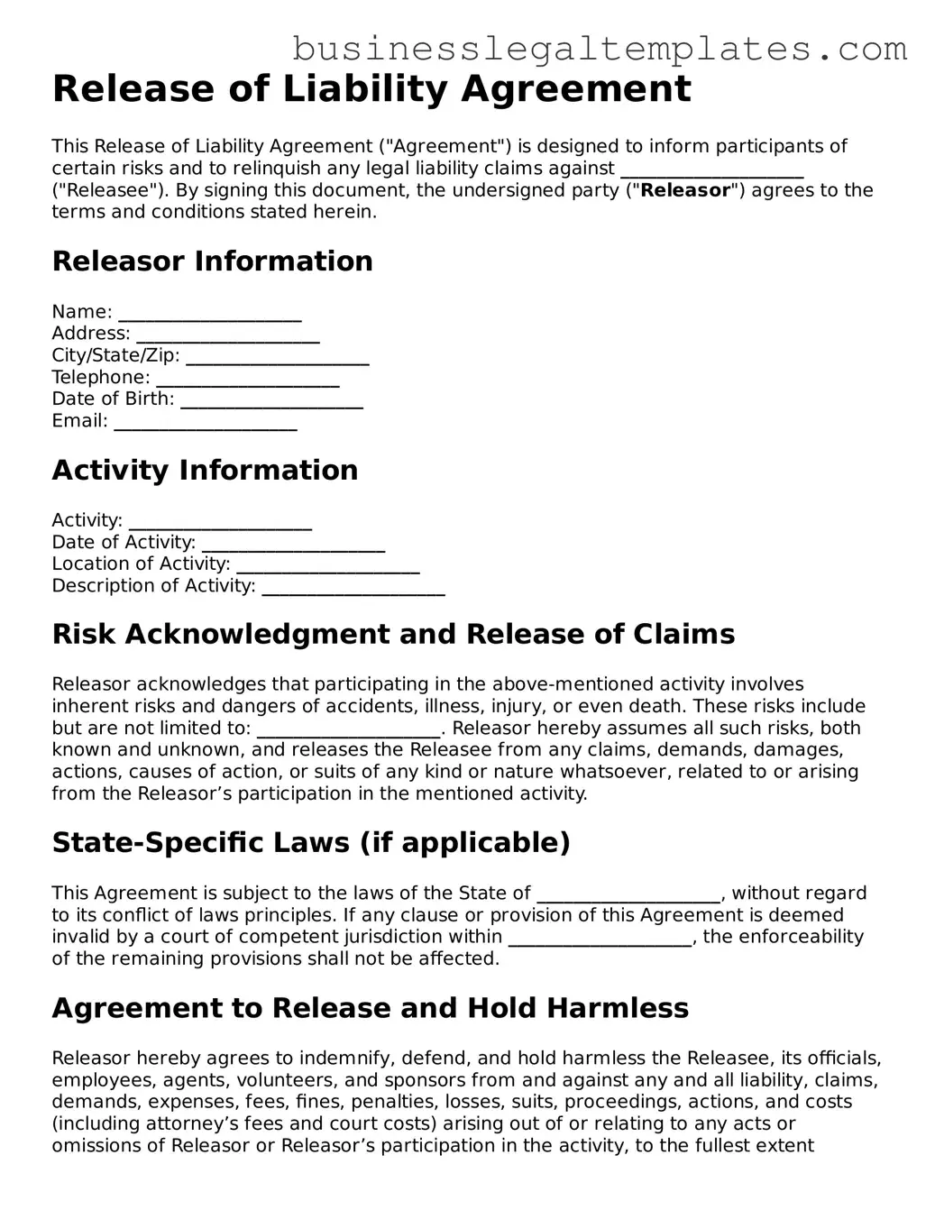 Fillable Release of Liability Form