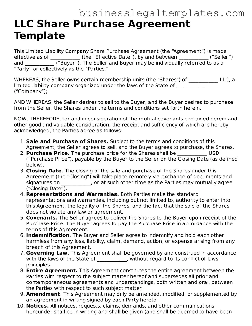 Fillable LLC Share Purchase Agreement Form