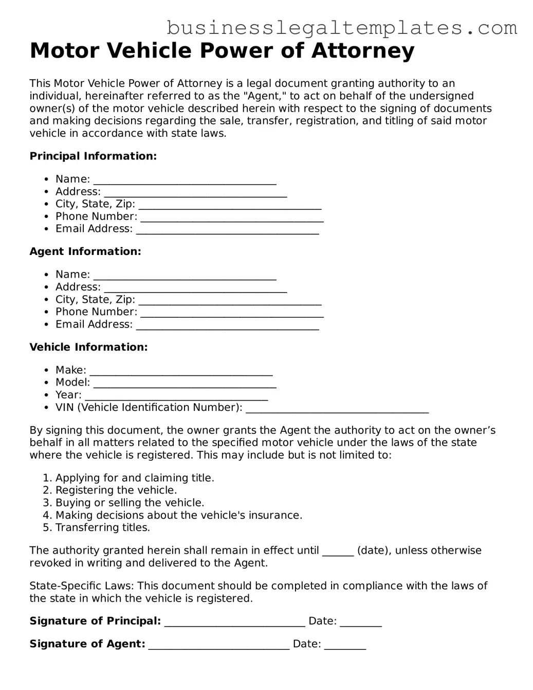 Fillable Motor Vehicle Power of Attorney Form
