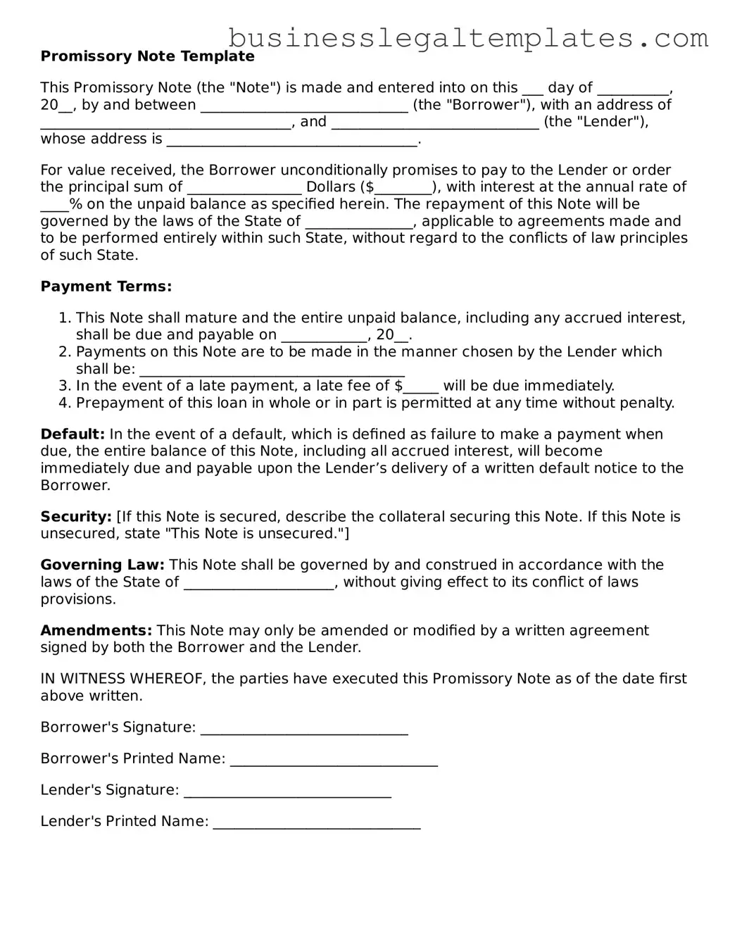 Fillable Promissory Note Form