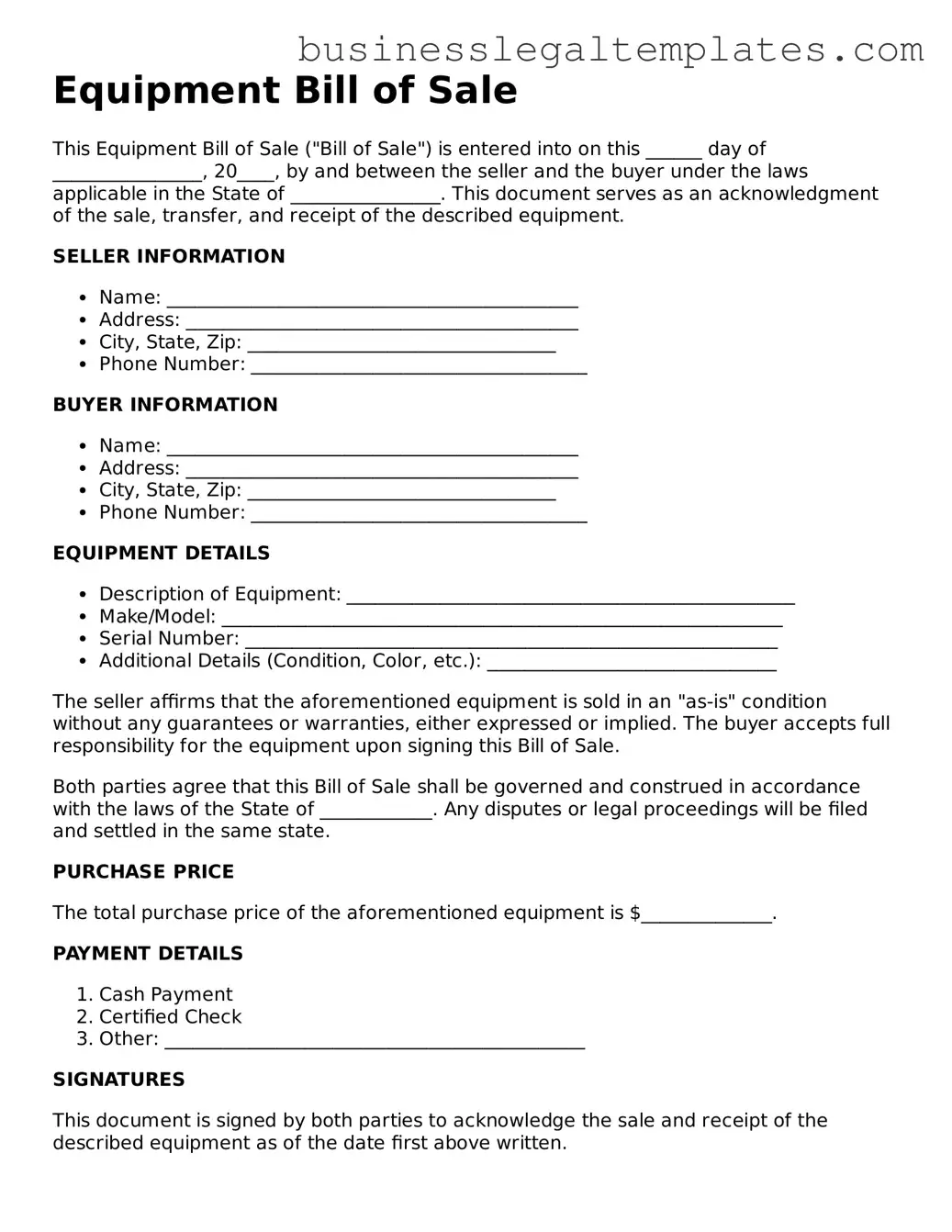Fillable Equipment Bill of Sale Form