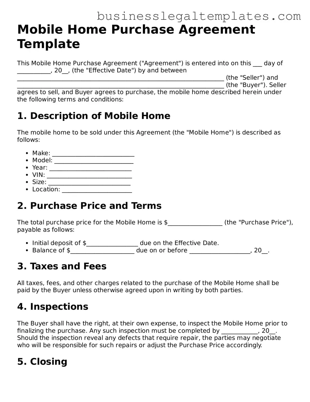 Fillable Mobile Home Purchase Agreement Form