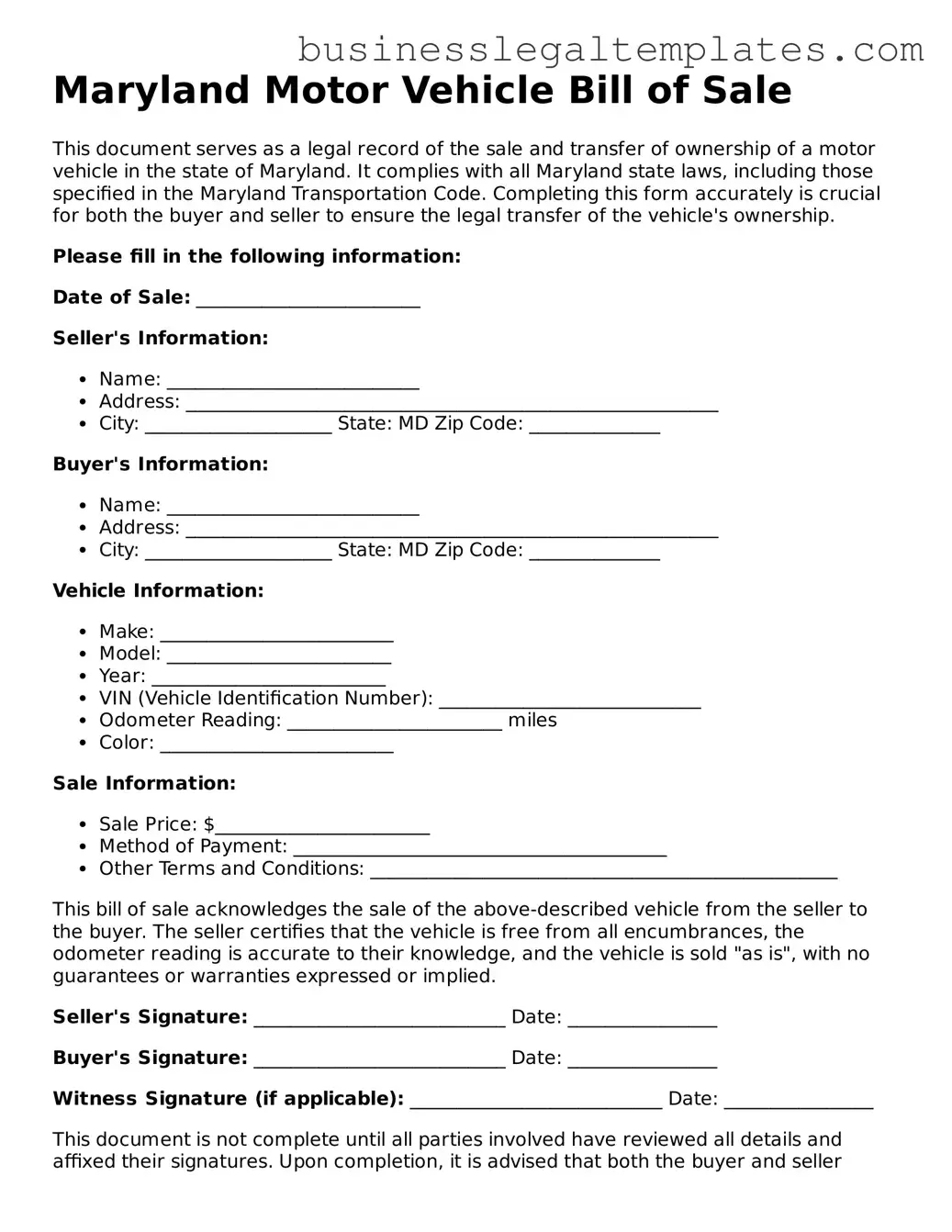 Blank Maryland Motor Vehicle Bill of Sale Document
