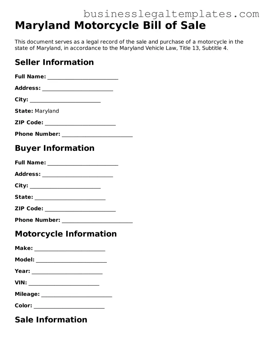 Blank Maryland Motorcycle Bill of Sale Document