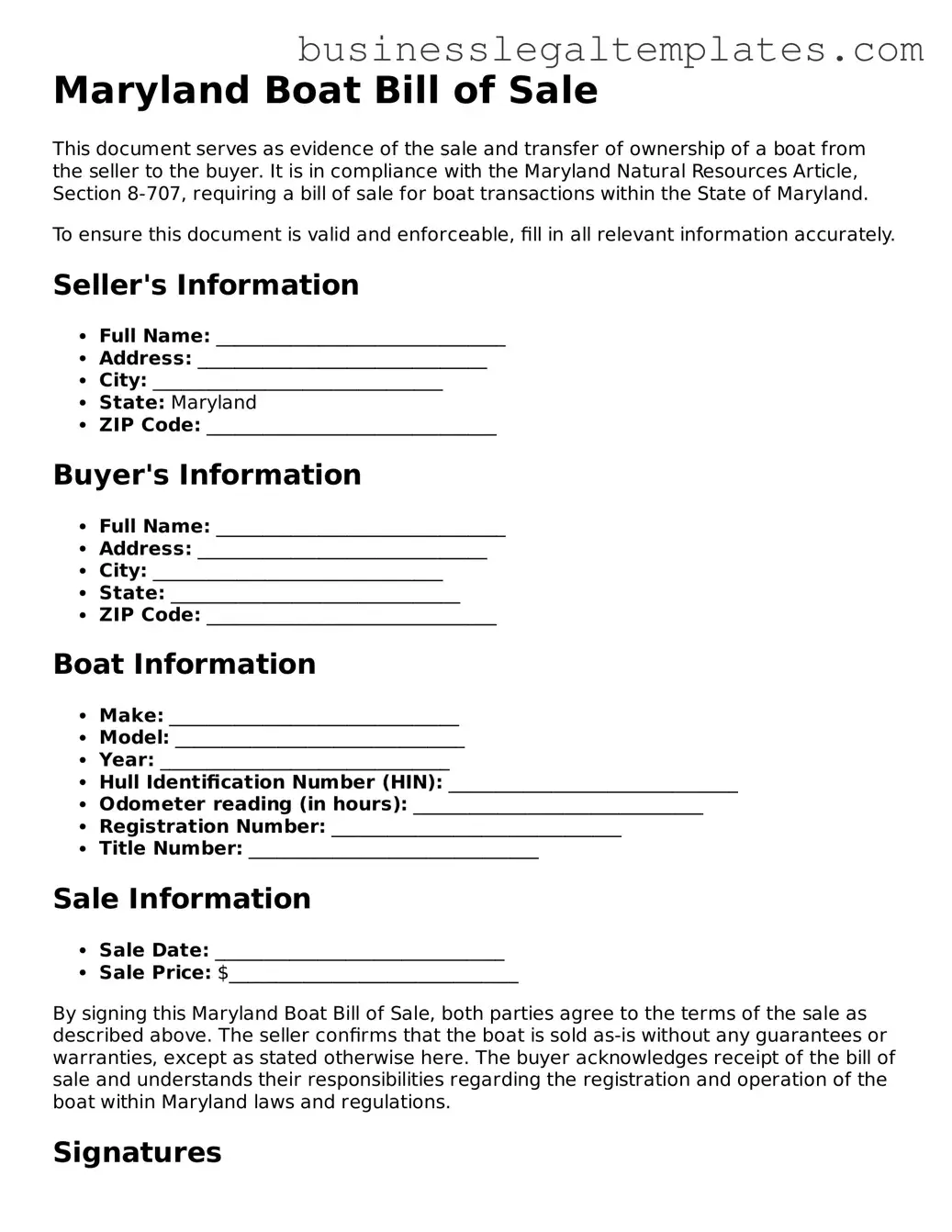 Blank Maryland Boat Bill of Sale Document