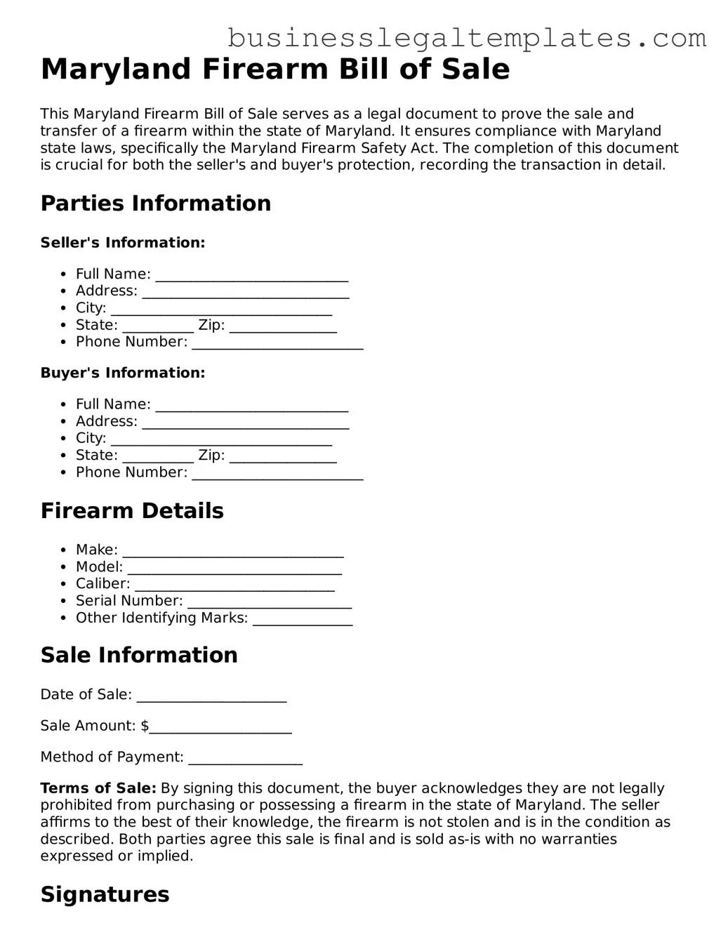 Blank Maryland Firearm Bill of Sale Document