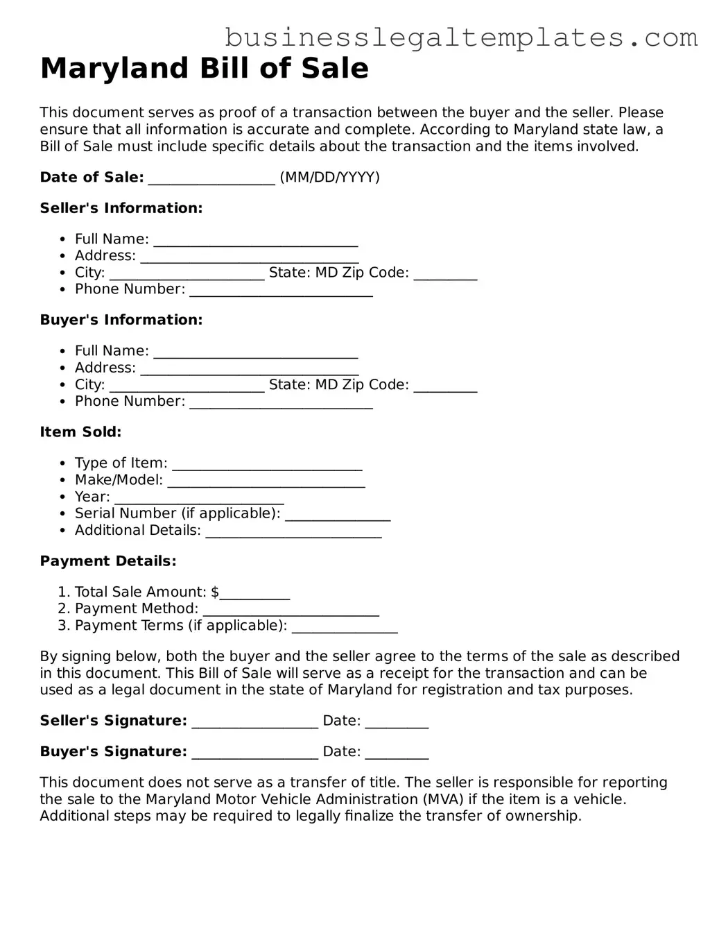 Blank Maryland Bill of Sale Document