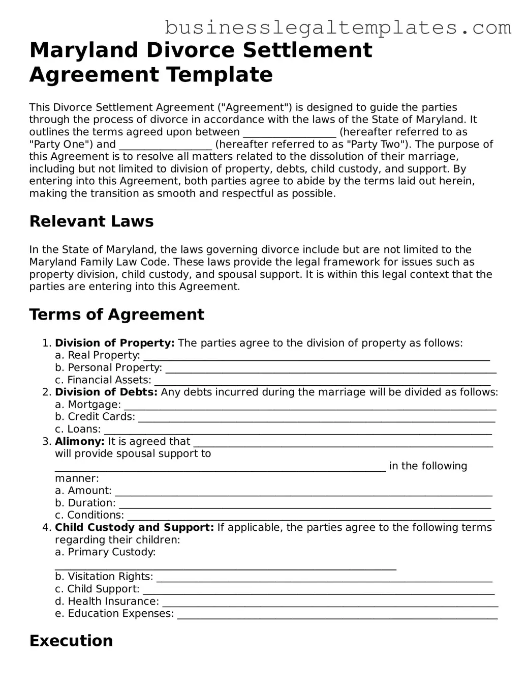 Blank Maryland Divorce Settlement Agreement Document