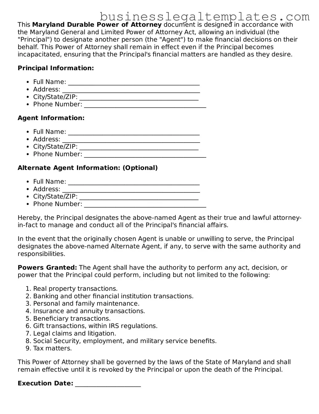Blank Maryland Durable Power of Attorney Document