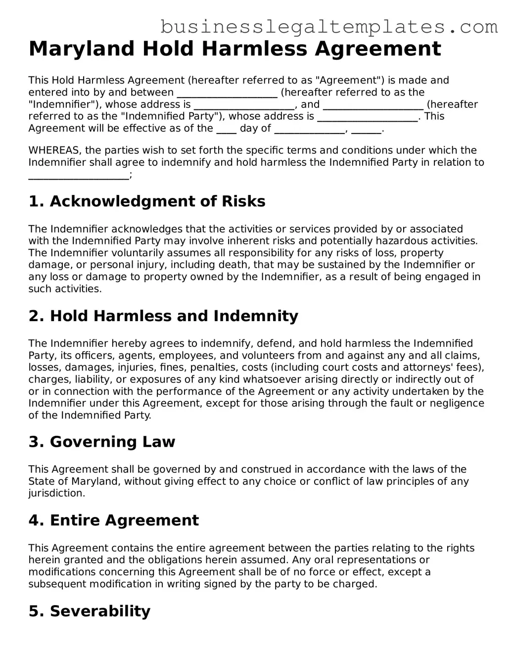 Blank Maryland Hold Harmless Agreement Document