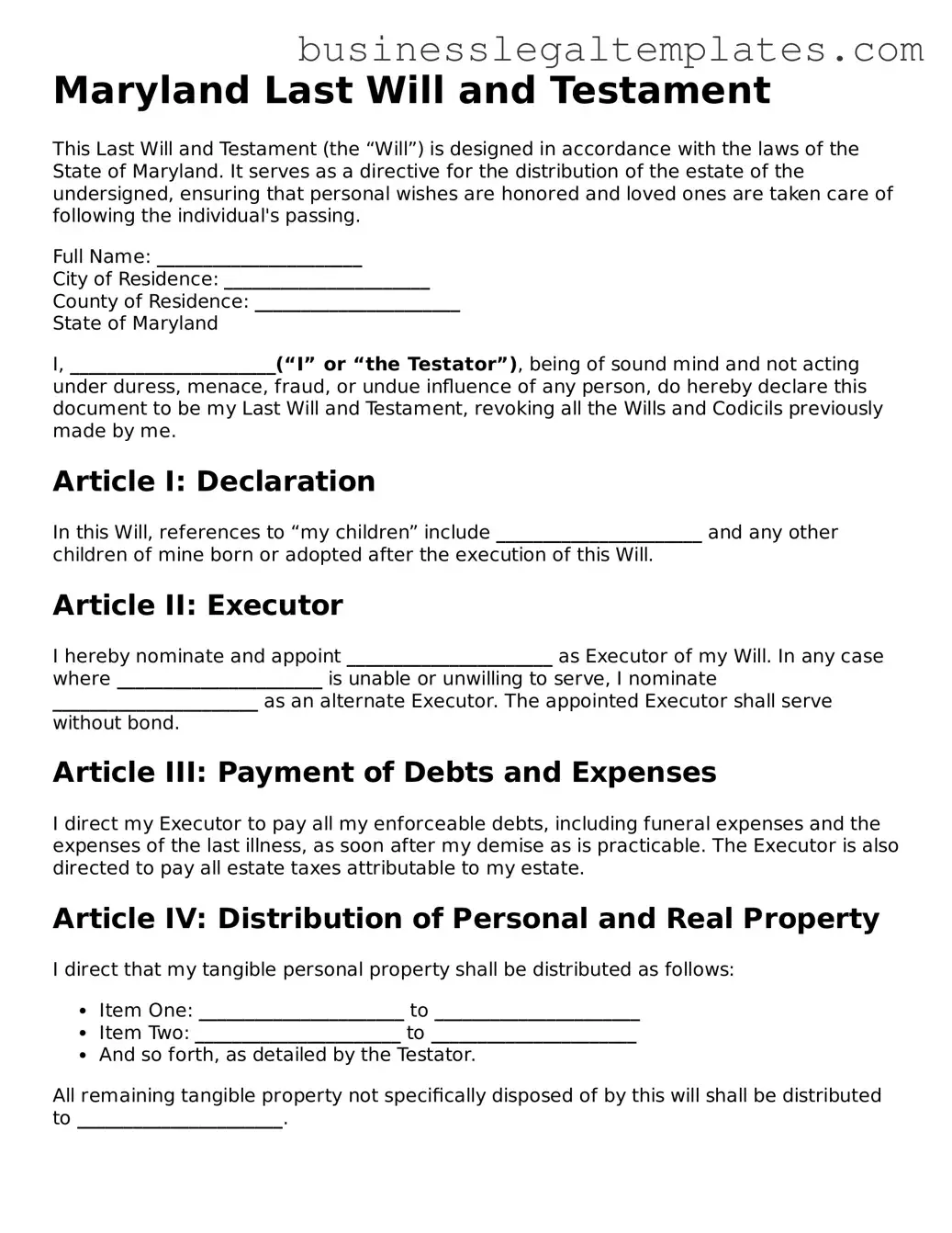 Blank Maryland Last Will and Testament Document