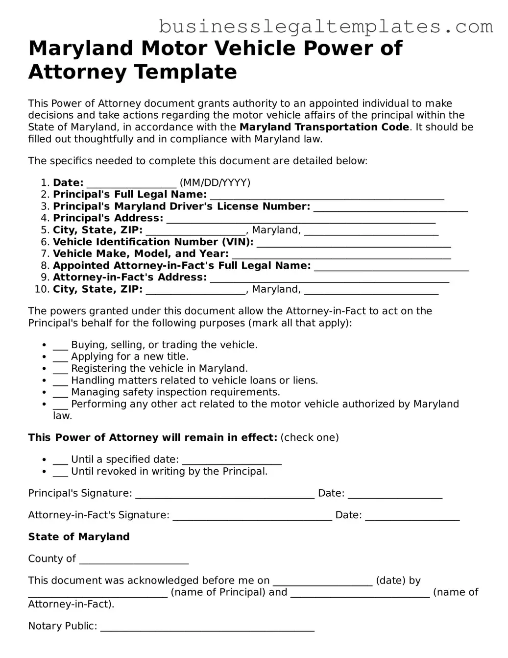 Blank Maryland Motor Vehicle Power of Attorney Document