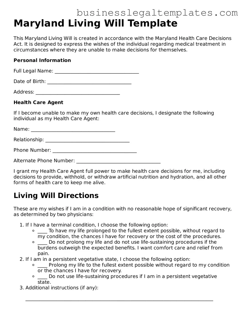 Blank Maryland Living Will Document