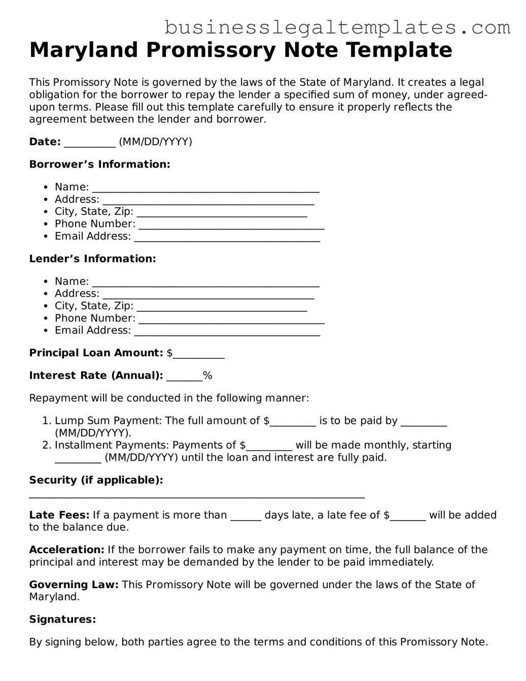 Blank Maryland Promissory Note Document
